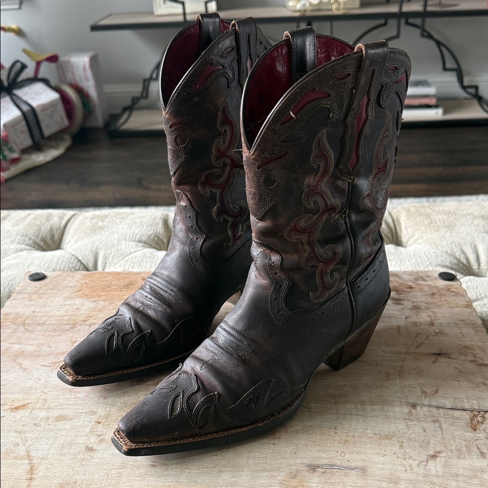 Ariat Brown Leather Western Heeled Boots with Red Accents
